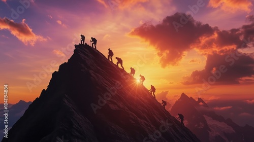 Climbers ascending mountain peak at sunset, silhouettes against vibrant sky