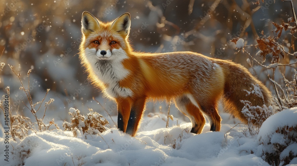 A red fox standing in a snowy landscape, surrounded by nature. A red fox standing in a snowy landscape, surrounded by nature.