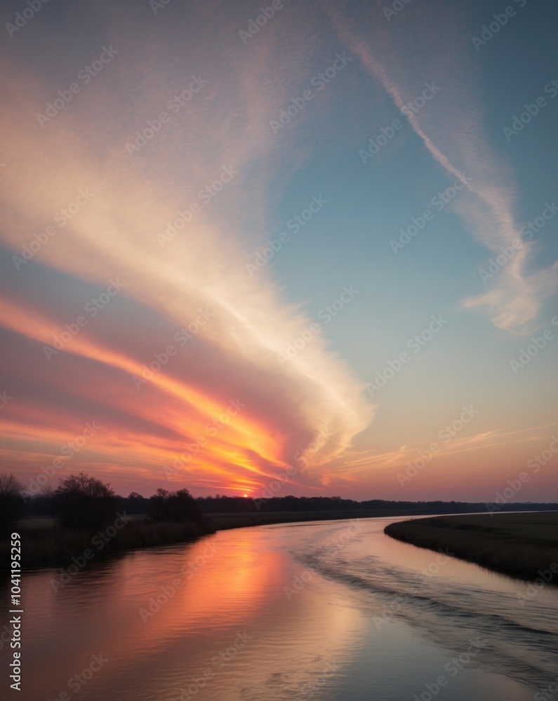 Dramatic Sunset over River with Colorful Sky and Reflections. Dramatic Sunset over River with Colorful Sky and Reflections.