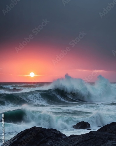 Dramatic Sunset Over Rough Sea with Crashing Waves.