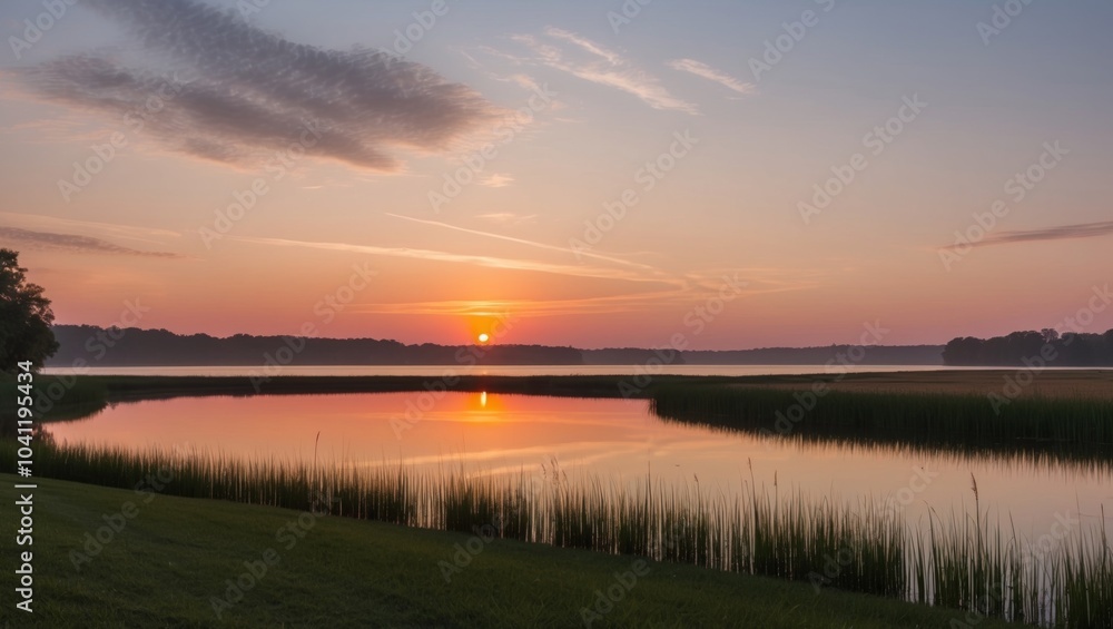 Obraz premium Dramatic Sunset Over a Grassy Field with Water Reflections.