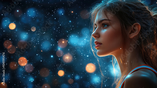 A young woman appears contemplative, surrounded by a mesmerizing background of soft glowing lights and gentle sparkles in a magical setting