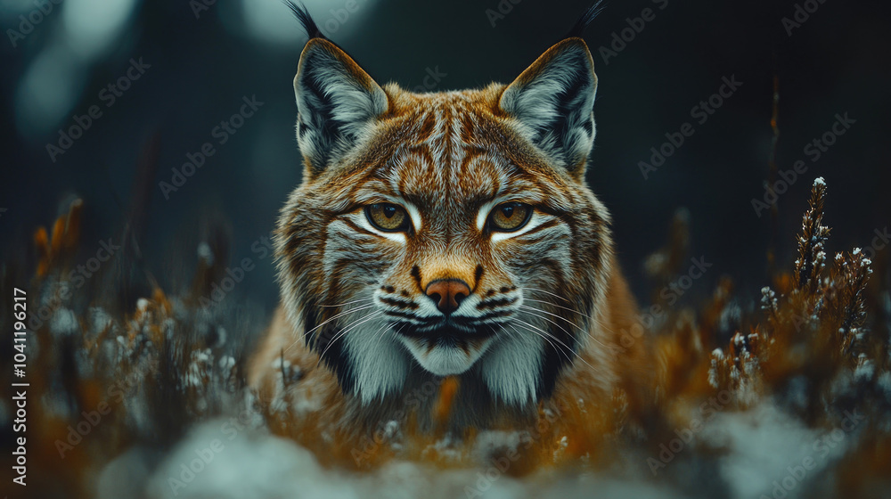 A lynx gazes intensely from a snow-dusted forest, highlighting its striking features and alert demeanor amidst the tranquil winter landscape A lynx gazes intensely from a snow-dusted forest, highlighting its striking features and alert demeanor amidst the tranquil winter landscape