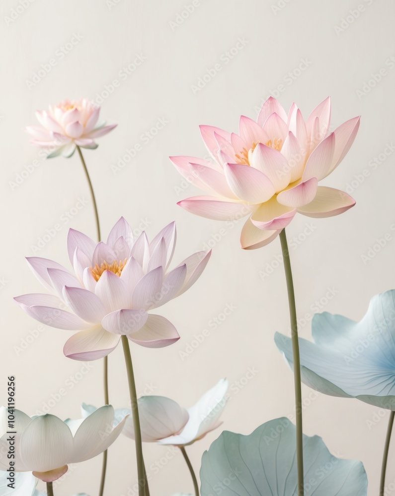 Obraz premium Delicate Watercolor Lotus Flowers in Soft Hues on Pale Backdrop.