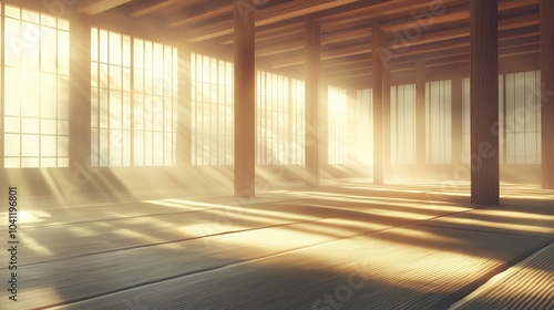 Sunlight streaming through windows in serene wooden interior, warm atmosphere