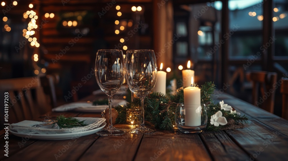 Elegant Dining Setup with Warm Rustic Lighting Elegant Dining Setup with Warm Rustic Lighting