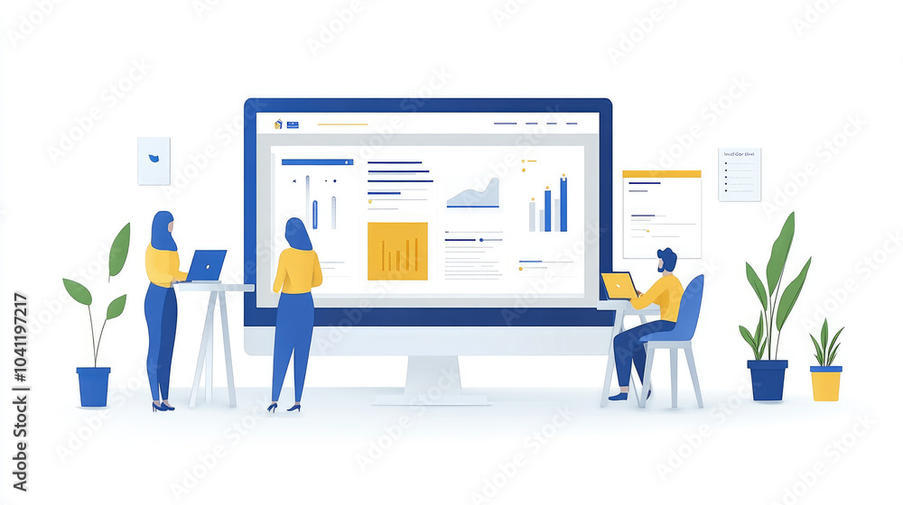 A creative team collaborates while analyzing data displayed on a large screen in a contemporary office filled with plants A creative team collaborates while analyzing data displayed on a large screen in a contemporary office filled with plants