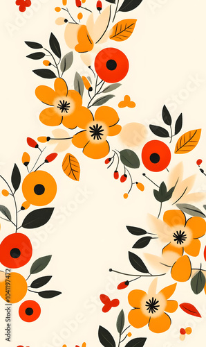 Whimsical Floral and Foliage Designs seamless pattern: Playful Doodles, Geometric Leaves, and Elegant Wildflowers in Bold and Soft Color Palettes.