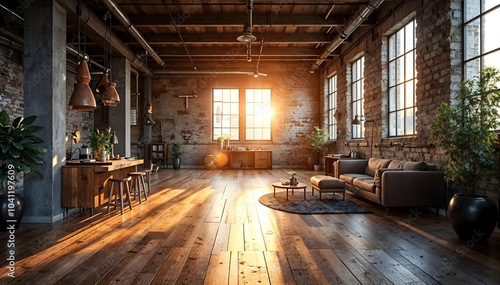 Modern loft with engineered wood floors, exposed brick walls, and large windows, combining industrial and minimalist design Modern loft with engineered wood floors, exposed brick walls, and large windows, combining industrial and minimalist design