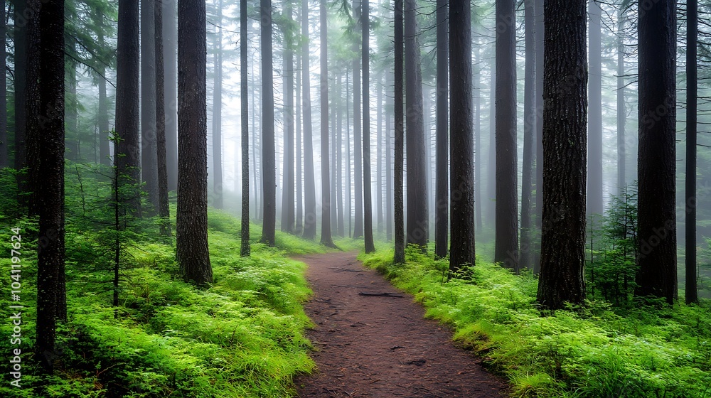 Fototapeta premium Serene Winding Trail Through Towering Pine Forest