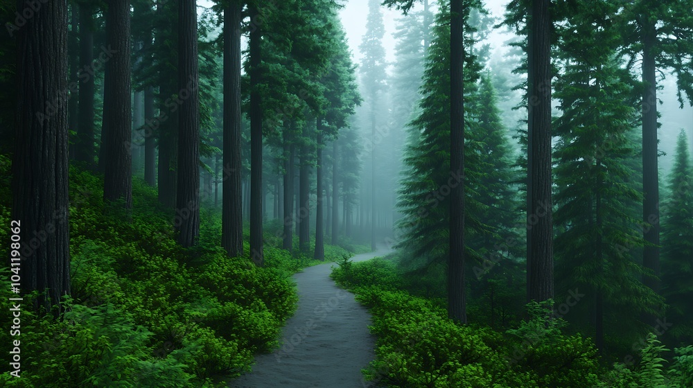 Obraz premium Serene Winding Trail Through Towering Pine Forest