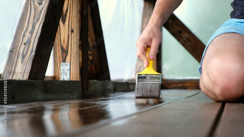 Close-up of a brush painting wood floor in brown color. Wood plank impregnation. Finish oil coating of board. Second layer of oiling. Manual construction work in a gazebo. Natural building materials
