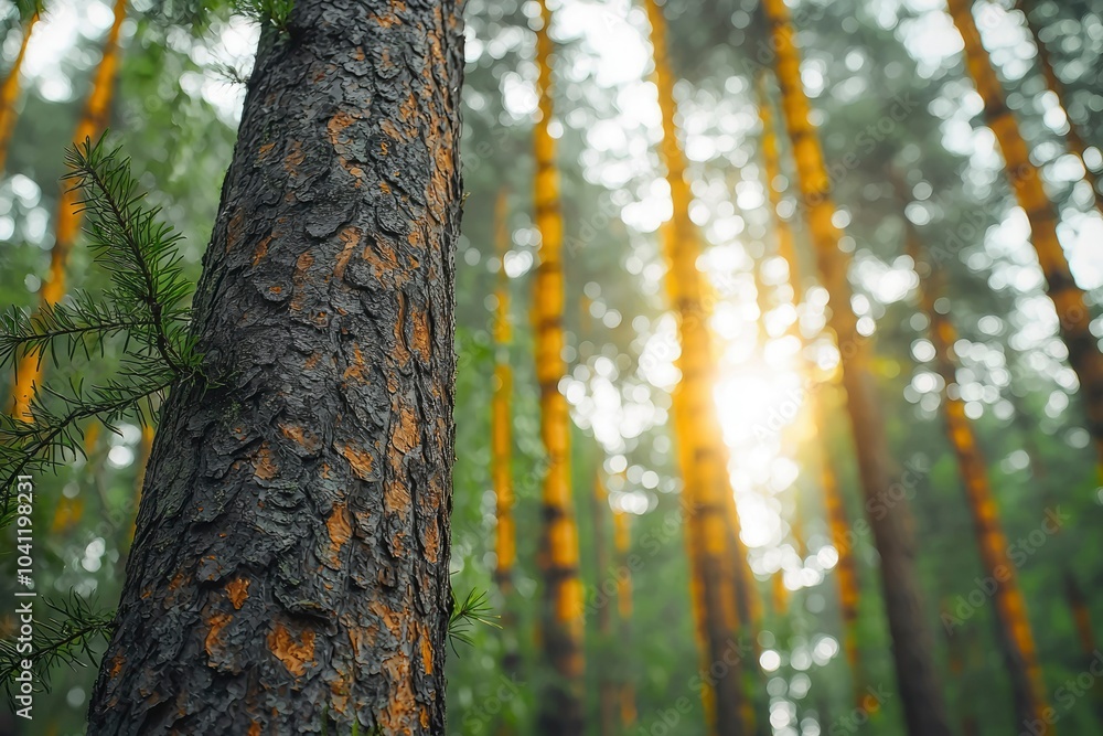 Fototapeta premium Close-up of a Pine Tree Trunk with Sunlit Forest Background