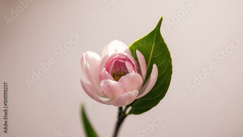 A tight shot of a pink bloom featuring a green leaf nestled amongst its petals. photo