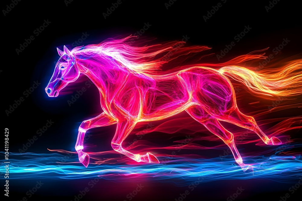 Neon Horse Galloping with Luminous Mane and Tail Against Black Background Neon Horse Galloping with Luminous Mane and Tail Against Black Background