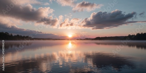 Serene sunrise with sunlight peeking through clouds over a tranquil lake.