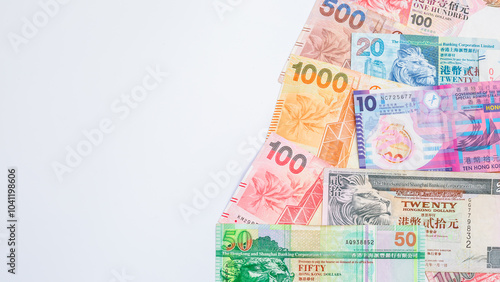 Hong Kong Dollar banknotes money currency white background, Hong Kong banknotes HKD currency financial and business, Hong Kong banknotes cash money currency with copy space.