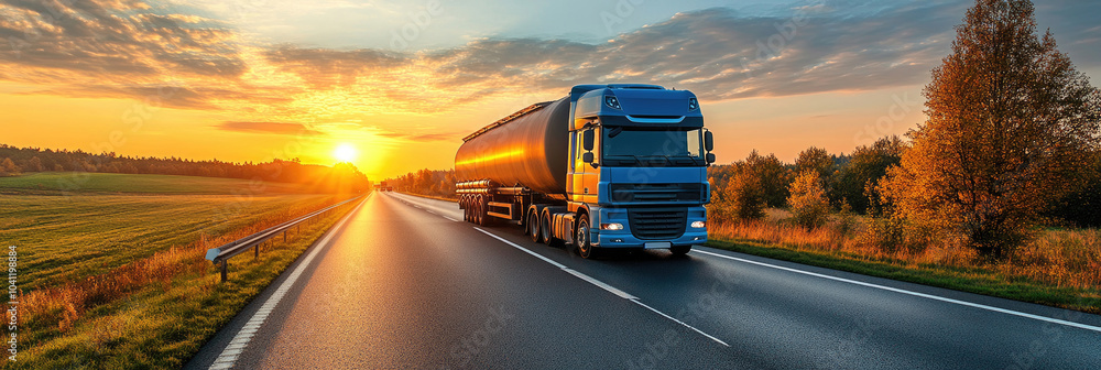 A blue transport truck drives along a highway, with a vibrant sunset illuminating fields and trees on either side