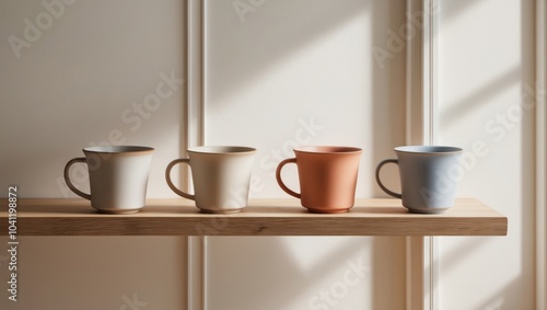 Wallpaper Mural Four cups are neatly arranged and displayed on a shelf in a room. Torontodigital.ca