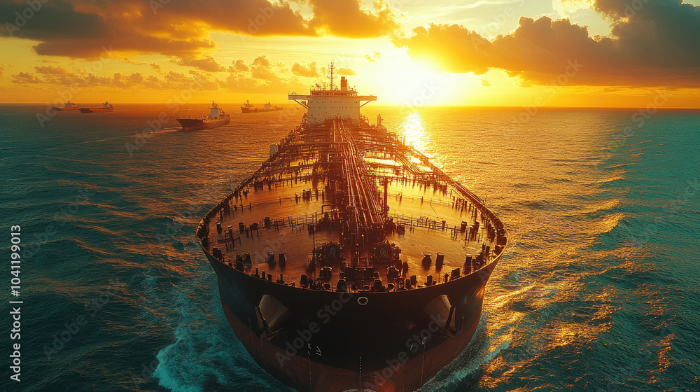 Fototapeta premium A large cargo ship navigates through the vibrant waters as the sun sets, creating stunning reflections across the surface