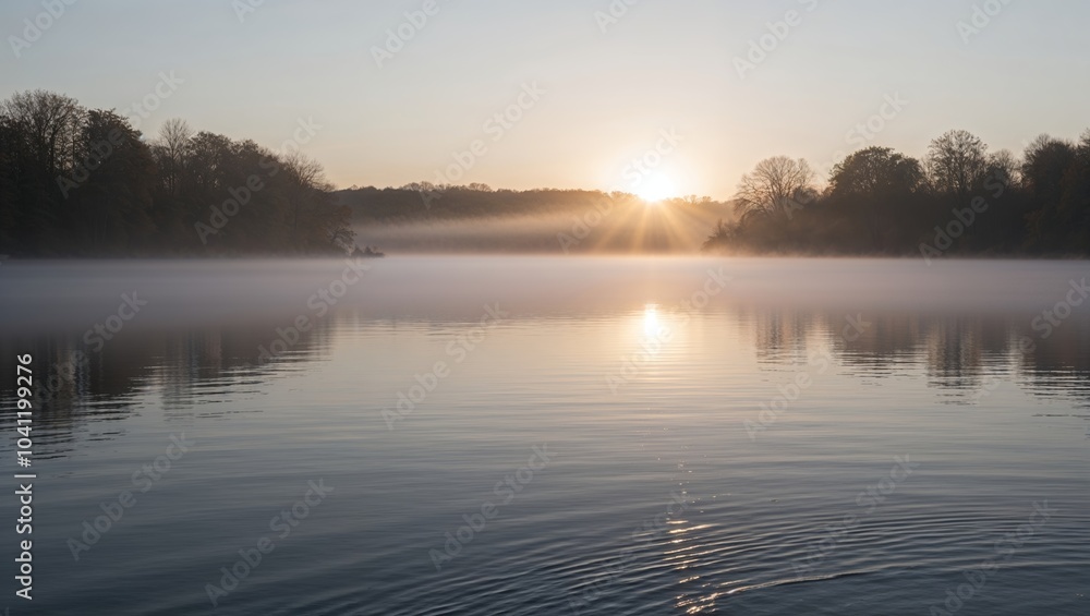 Fototapeta premium Serene sunrise over a tranquil lake surrounded by soft mist and gentle ripples at dawn.