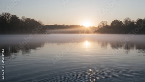 Fototapeta Naklejka Na Ścianę i Meble -  Serene sunrise over a tranquil lake surrounded by soft mist and gentle ripples at dawn.