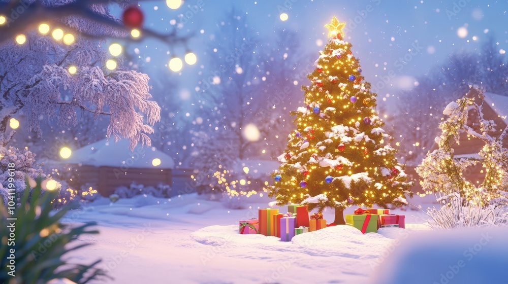 A beautiful Christmas tree standing outside in a snowy garden, covered in snow and twinkling lights. A beautiful Christmas tree standing outside in a snowy garden, covered in snow and twinkling lights.