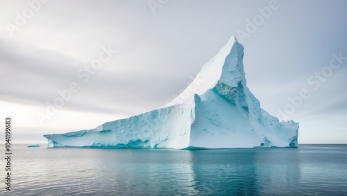 Iceberg partially submerged in a tranquil ocean under a cloudy sky. photo