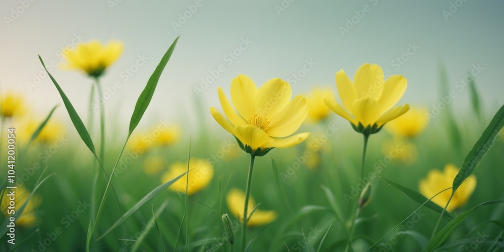 Yellow Flowers in a Field of Green Grass. Yellow Flowers in a Field of Green Grass.