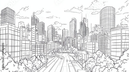 Hand drawn sketch of a city skyline with buildings and trees.