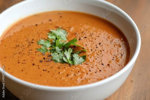 Delicious organic soup featuring a rich broth, garnished with fresh spices and herbs for a flavorful touch.