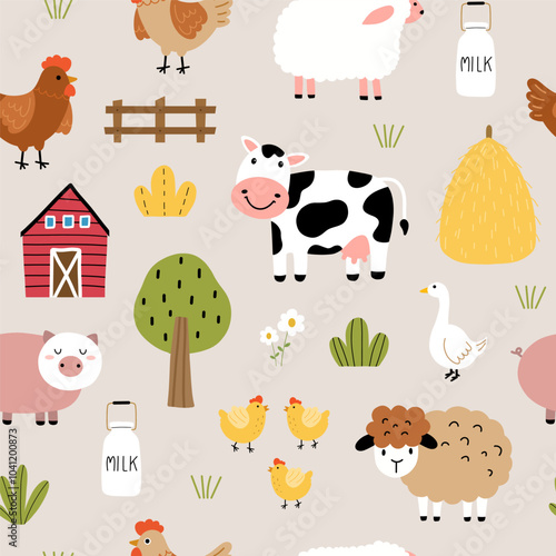 Seamless pattern with farm animals for your fabric, children textile, kids apparel, nursery decoration, gift wrap paper. Cow, pig, sheep, goose, mill, tree. Vector illustration