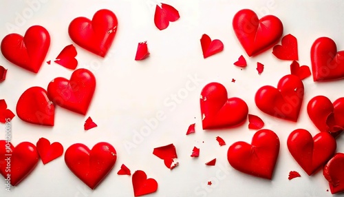 Red heart shapes in various states, on a white background, Valentine's Day, space for text