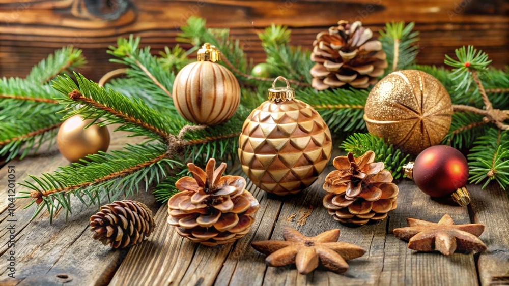 The warm colors of pinecones and Christmas baubles contrast beautifully with the lush green branches in this cozy holiday scene The warm colors of pinecones and Christmas baubles contrast beautifully with the lush green branches in this cozy holiday scene