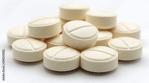 White round tablets stacked together on a clean surface showcasing their texture and shape in a bright setting