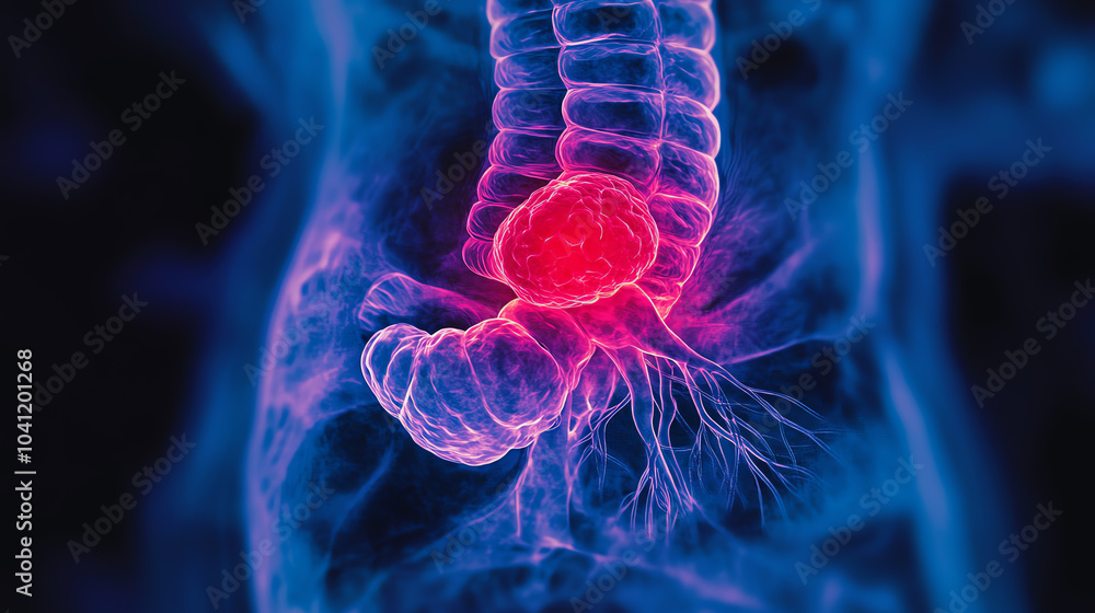 Abstract representation of a human intestine with a highlighted tumor, showcasing vibrant colors and intricate details on a dark background.