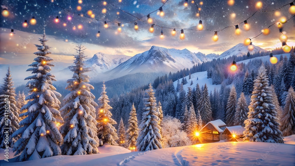Cozy winter landscape with festive glow, capturing snow-covered trees and mountains, featuring a charming cabin against a serene backdrop Cozy winter landscape with festive glow, capturing snow-covered trees and mountains, featuring a charming cabin against a serene backdrop