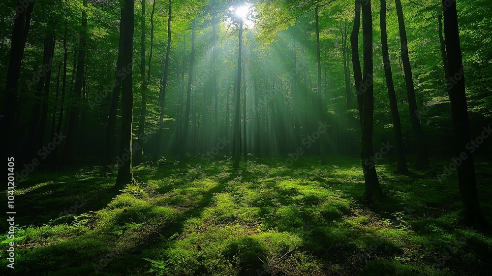 Naklejka premium Sunlight Filtering Through Trees in a Lush Forest