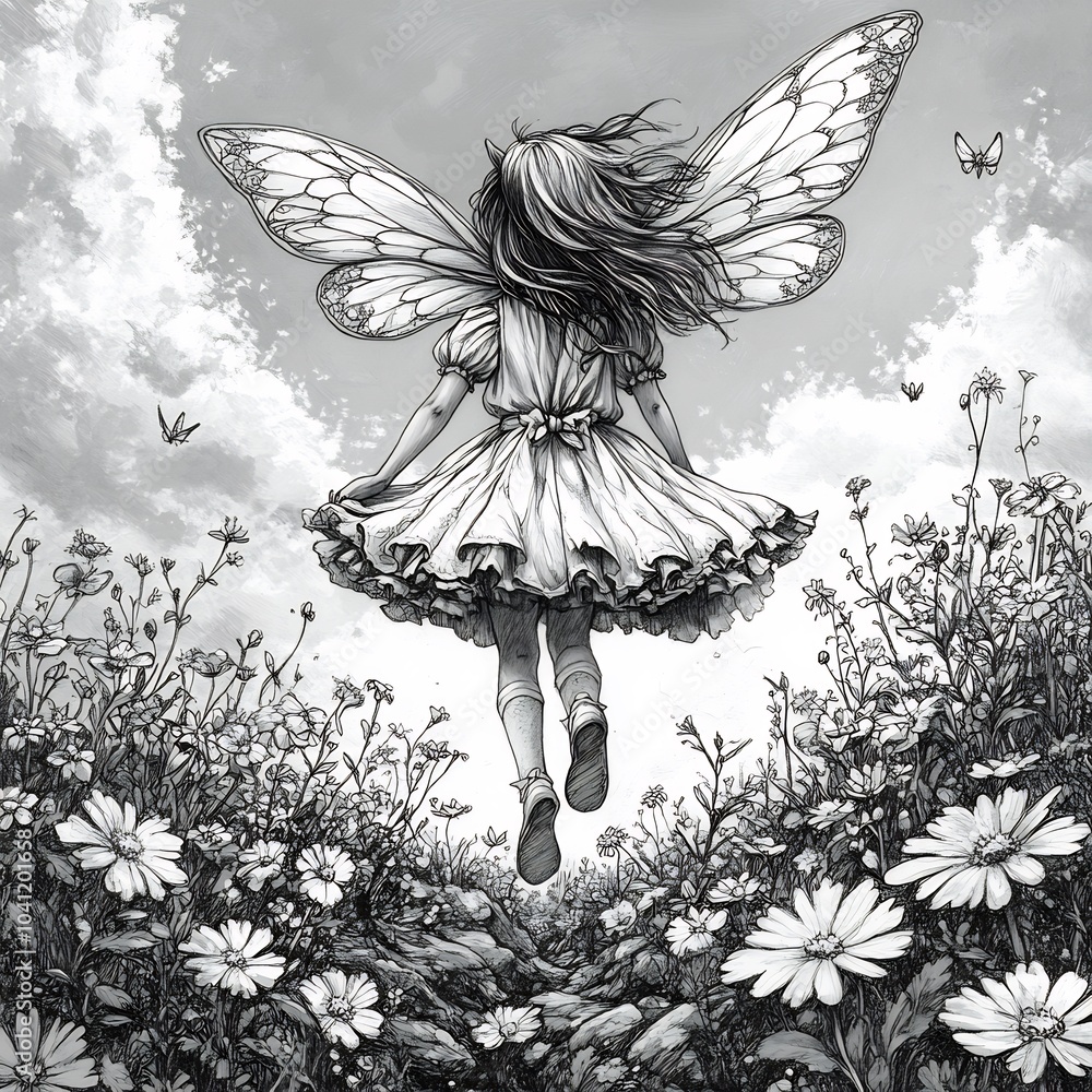 Playful handdrawn black and white drawing of a magical fairy flying over a flower garden perfect for kids to color and imagine enchanting stories Playful handdrawn black and white drawing of a magical fairy flying over a flower garden perfect for kids to color and imagine enchanting stories