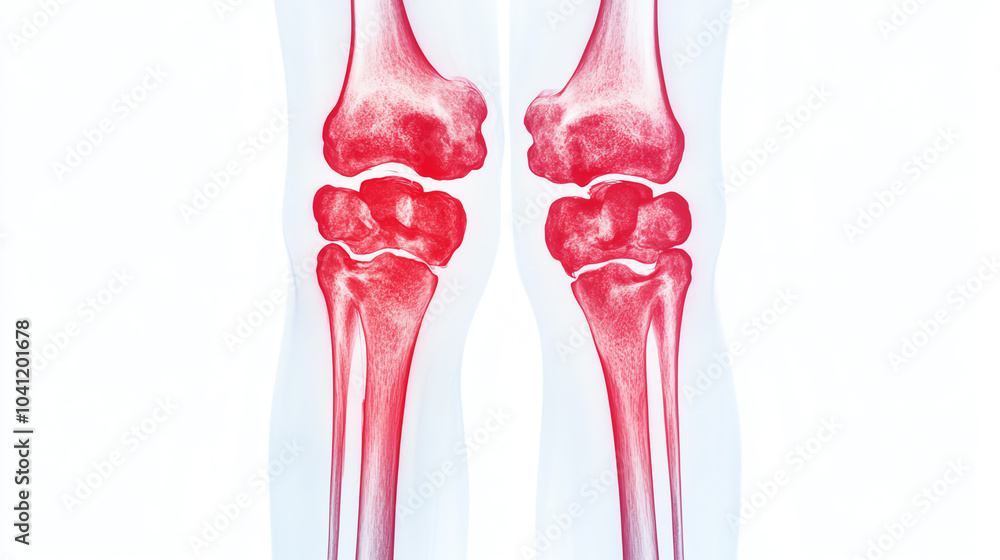 Anatomical representation of human knee joints, showcasing the femur, tibia, and patella with highlighted articular cartilage and ligaments. Anatomical representation of human knee joints, showcasing the femur, tibia, and patella with highlighted articular cartilage and ligaments.