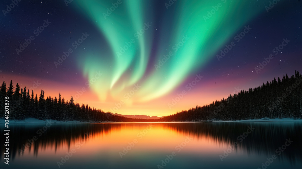 Obraz premium Golden hour paints the sky with aurora borealis