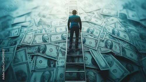 Man Climbing Ladder Surrounded by Dollar Bills