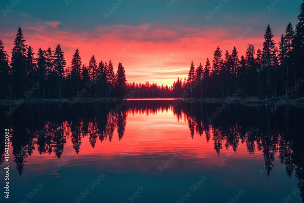 Silhouetted Pine Trees Reflecting in a Calm Lake at Sunset