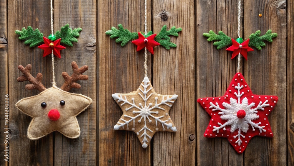 Fototapeta premium Close-up of felt Christmas ornaments shaped like stars, reindeer, and snowflakes, hanging on a wooden wall