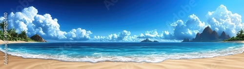 A serene beach scene with soft sand, gentle waves, and a clear blue sky framed by lush tropical trees and distant mountains.