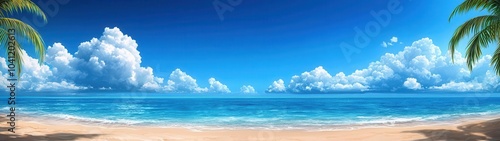 Stunning tropical beach with clear blue sky, fluffy clouds, and tranquil ocean waves lapping gently on the sandy shore.