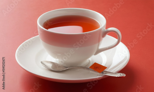 White Ceramic Mug with Tea and Orange Tag on Red Background: Bold and Minimalist