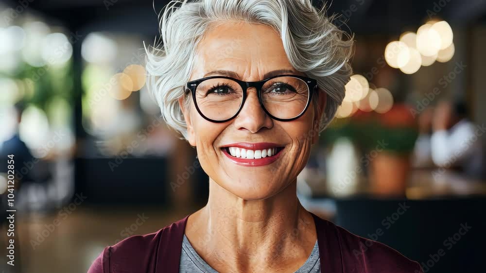 Smiling senior businesswoman wearing glasses posing in cafe Smiling senior businesswoman wearing glasses posing in cafe
