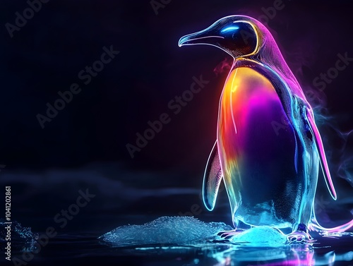 Luminous Penguin Embodying Resilience and Community on Neon Infused Ice photo