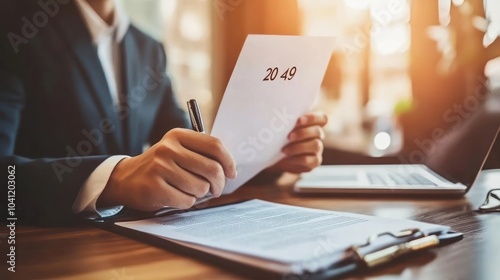 Businessman Reviewing Contract with 2049 Written on Paper